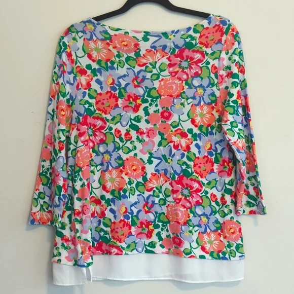 Talbots Floral Chiffon Hem Top Sweater Size Medium 3/4 Sleeve Cotton Rayon Knit - Picture 5 of 6